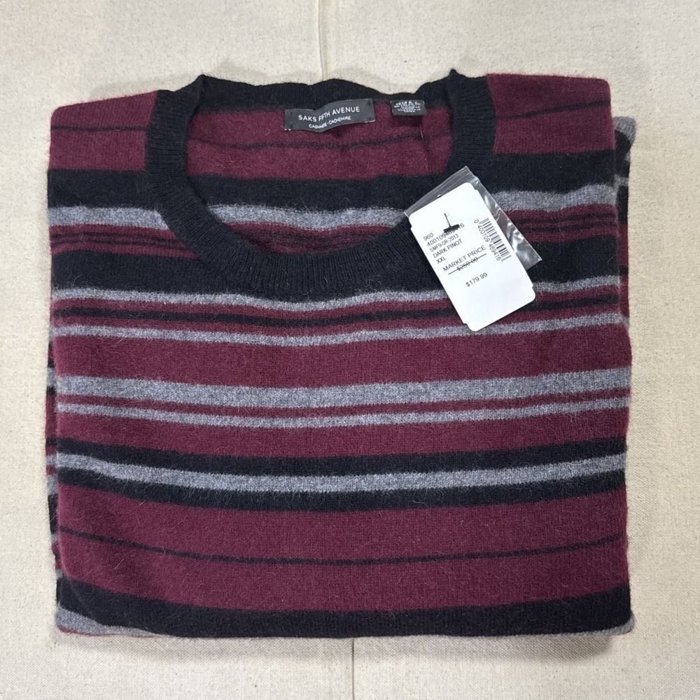 Saks Fifth Avenue Cashmere Sweater Mens XXL Dark Pinot Striped - NWT
